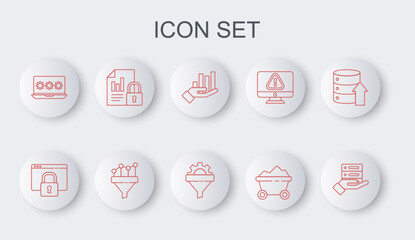 Set line Server, Data, Web Hosting, Secure your site with HTTPS, SSL, Pie chart infographic, Coal mine trolley, Laptop password, Document and lock, Sales funnel and gear icon. Vector