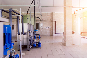 New boiler station, boiler room, engine room. Technical equipment.