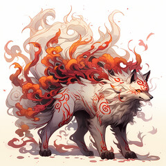 Flaming mythical wolf, in the style of detailed character illustrations, anime-inspired character designs, 2d game art, tattoo-style