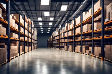 Warehouse or storage and shelves with cardboard boxes. Industrial background 