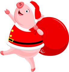Funny cartoon pig characters wearing Santa costume. Merry Christmas and Happy New Year concept. 