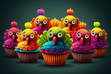 Cupcakes with turkeys for thanksgiving, in the style of colorful