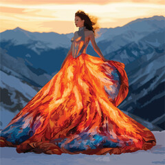 Envision an alluring woman who embodies the elements of fire and ice, her presence exuding both power and grace. Her attire is a masterpiece, featuring a fiery dress that flickers with dancing flames 