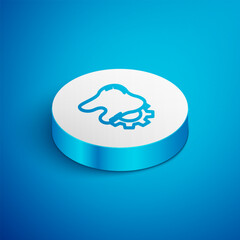 Isometric line Tooth treatment procedure icon isolated on blue background. Tooth repair with gear. White circle button. Vector
