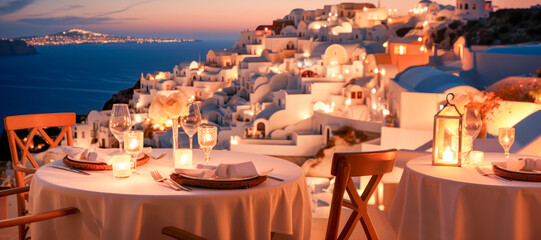 Enjoying a romantic sunset at a cozy cafe in Santorini, Greece, with the breathtaking caldera views and vibrant village ambiance creating the perfect setting for a memorable evening.