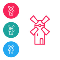 Red line Windmill icon isolated on white background. Set icons in circle buttons. Vector