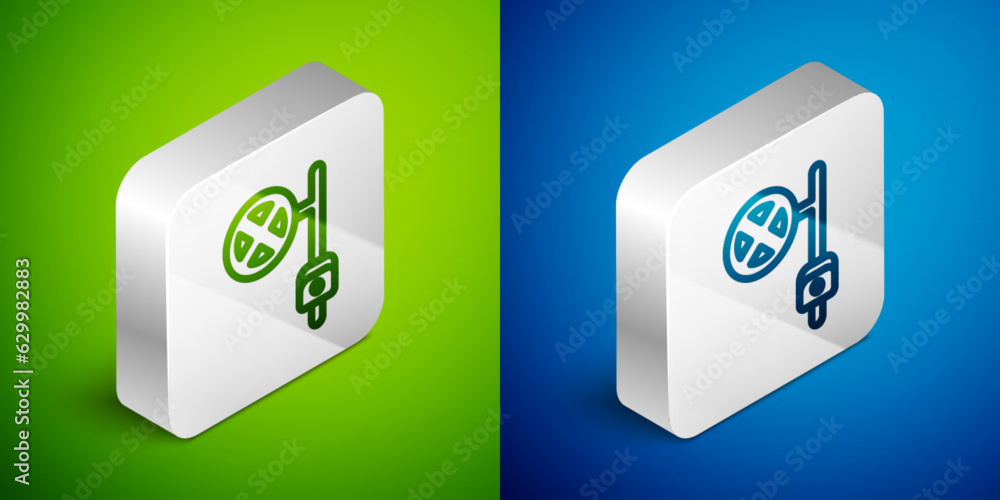 Poster isometric line stop sign with camera icon isolated on green and blue background. traffic regulatory 