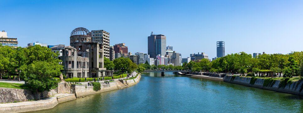 Panoramic image of Hiroshima city central with Atomic Bomb Dome at daytime.