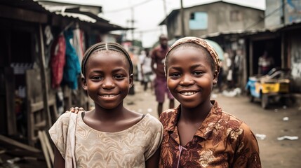 Two cute smiling african girls on the street of a poor city - obrazy, fototapety, plakaty