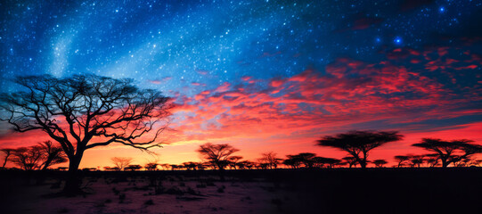 Under the enchanting African night sky, the savannah's beauty comes alive with twinkling stars, as majestic trees stand tall against the cosmic blue backdrop
