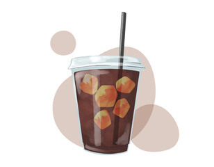 アイスコーヒーのイラスト, テイクアウト用のプラスチックカップ, 水彩タッチの挿絵.