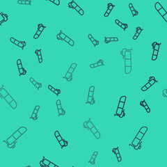 Black line Inflatable boat with outboard motor icon isolated seamless pattern on green background. Vector