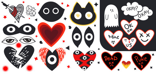 hand drawn design and hearts. cool emo design dark heart isolated on white background. Vector illustration - obrazy, fototapety, plakaty