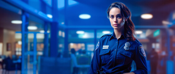 A professional female police officer, standing confidently in her uniform, exemplifying beauty and strength in her portrait as a caucasian young adult.