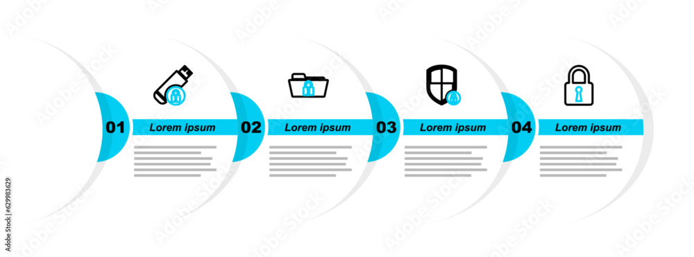 Poster set line lock, shield security with lock, folder and and usb flash drive icon. vector