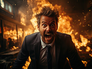 Chaos in the office: Scared man running away from the fire, while a screaming office employee narrowly escapes the dangerous flames. A short circuit triggers the incident. Generative AI
