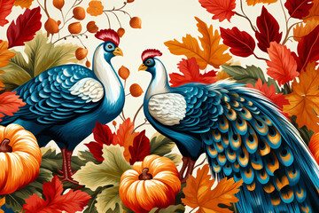 Obraz premium Thanksgiving pattern featuring turkeys, pumpkins and leafs, in the style of colorful