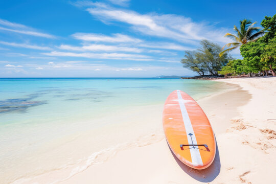 A vibrant photo of a standup paddleboard (SUP) on a tropical beach, ready for a thrilling summer activity amid the calming waves and sandy shore.