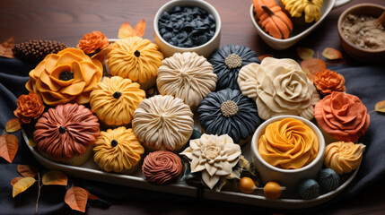 Autumn food concept. Fall backing. Assorted of pies, appetizers and desserts.