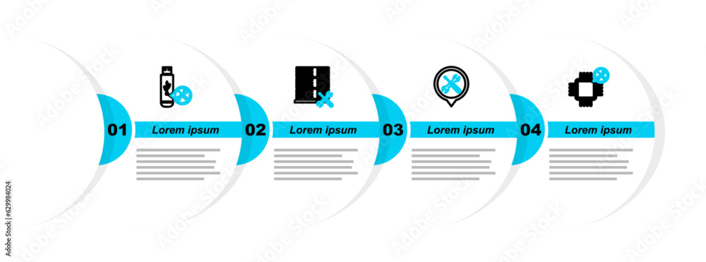 Poster set line processor service, location, database server and usb flash drive icon. vector