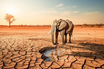 An elephant standing near an empty and dried-up pond during a severe drought, seeking water in a nature impacted by climate warming. - Powered by Adobe