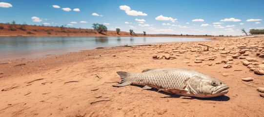 A heart-wrenching image of a fish gasping for its last breath in a rapidly diminishing pool of water amid a severe drought. - obrazy, fototapety, plakaty