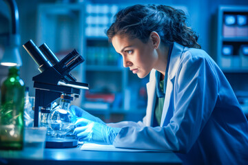 female scientist conducting cutting-edge research in the laboratory, using a microscope to explore the realms of biology and chemistry. - obrazy, fototapety, plakaty