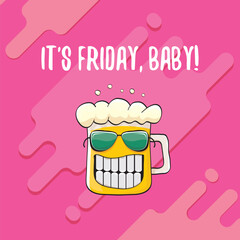 Its friday baby vector concept illustration with funky beer character isolated on pink background. happy friday vector background. TGIF sticker, print poster and label