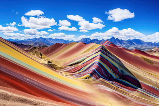 In Peru's stunning landscape, - breathtaking mountain views and colorful rainbows in Cuzco. Nature's beauty makes the journey truly unforgettable.
