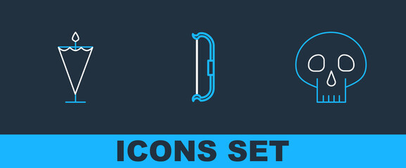 Set line Skull, Medieval flag and bow icon. Vector