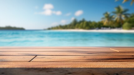 Fototapeta premium Wooden table top on blurry background of sea island and fresh blue sky, coconut tree wooden sky with clouds on background - For product display montage of your products.