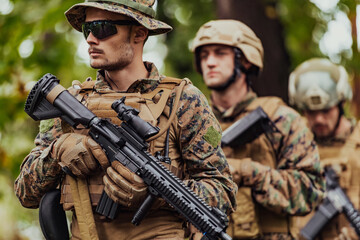 Modern warfare Soldiers Squad Running as Team in Battle Formation