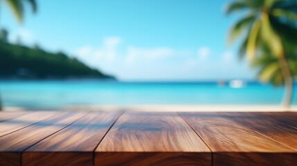 Wooden table top on blurry background of sea island and fresh blue sky, coconut tree wooden sky with clouds on background - For product display montage of your products.