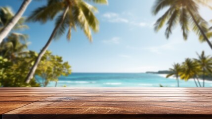 Wooden table top on blurry background of sea island and fresh blue sky, coconut tree wooden sky with clouds on background - For product display montage of your products.