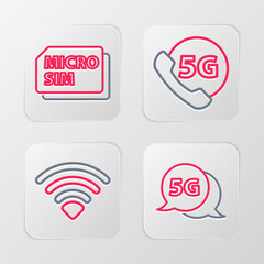 Set line 5G network, Wi-Fi wireless, Phone with and Micro Sim Card icon. Vector