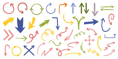 Fototapeta na wymiar Hand drawn freehand emphasis arrows, swirls, and doodles for highlighting text and diagrams. Perfect for presentations and education graph and chart. Line marks, smears, curve wave, for infographics.