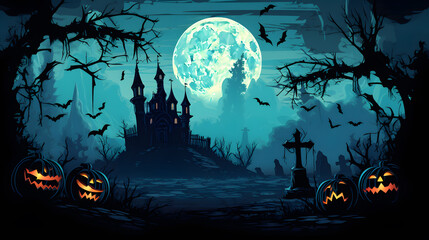 Halloween themed green blue background with bats, trees, tombstones and castle.