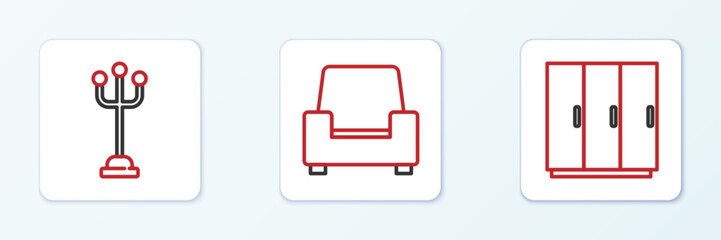 Set line Wardrobe, Coat stand and Armchair icon. Vector