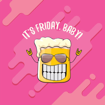 Its friday baby vector concept illustration with funky beer character isolated on pink background. happy friday vector background. TGIF sticker, print poster and label