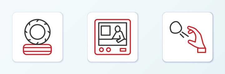 Set line Hooligan shooting stones, Lying burning tires and Television report icon. Vector