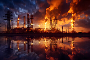 Fototapeta premium fire at the plant and electricity towers. catastrophe. lack of energy. destruction. 