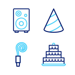 Set line Cake with burning candles, Birthday party horn, Party hat and Stereo speaker icon. Vector