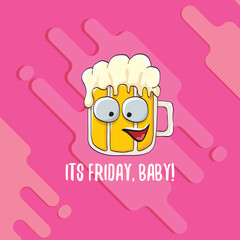 Its friday baby vector concept illustration with funky beer character isolated on pink background. happy friday vector background. TGIF sticker, print poster and label