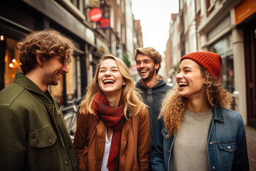 Fototapeta premium A group of friends laughing and walking together along a colorful, bustling city street