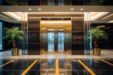 Elegant Elevator Lobby with Black Marble Floor, Gold Lines, and Gold Accents
