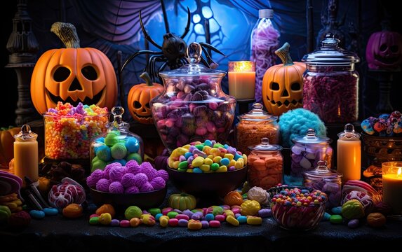 Buffet table with sweets and drinks, cooked and decorated for Halloween celebration