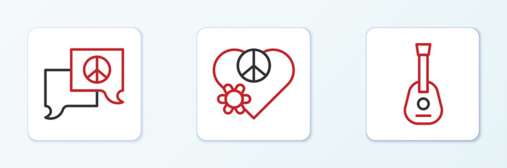 Set line Guitar, Speech bubble chat and Love peace icon. Vector