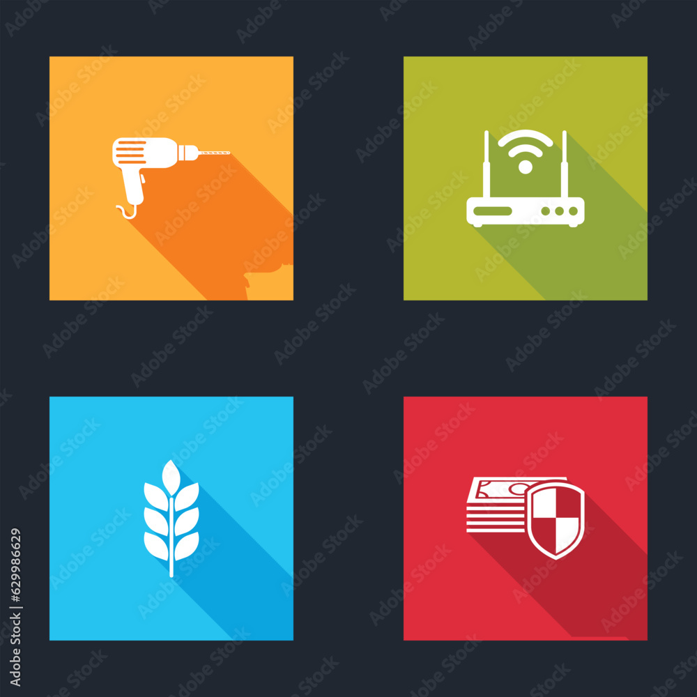 Wall mural Set Drill machine, Router and wi-fi, Wheat and Money protection icon. Vector