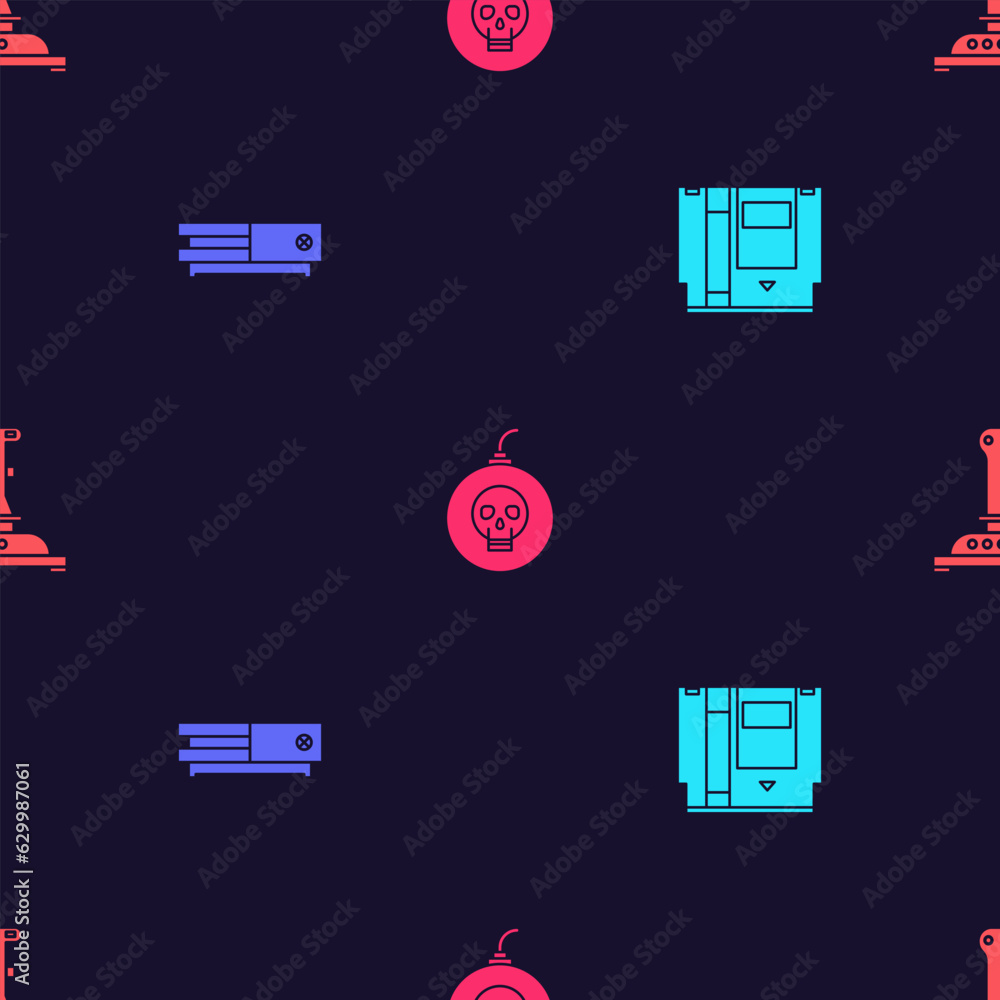 Poster set cartridge, video game console, bomb ready to explode and joystick for arcade machine on seamless