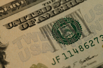closeup part paper money banknotes 20 american dollars, savings, banking, tax payment, economic...